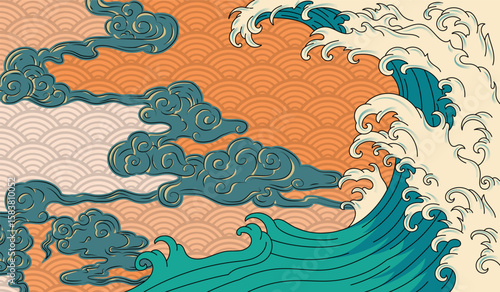Japanese Wave and Cloud Background – Traditional Seigaiha Pattern Vector Art