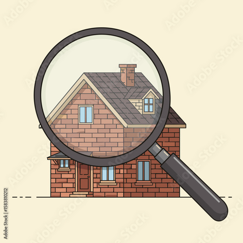 House with visible bricks and roof under magnifying glass, focused and precise, semi-flat vector illustration symbolizing thorough home inspection
