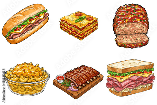 Set of Philadelphia Cheesesteak, Mac 'n' Cheese, Lasagna, BBQ Ribs, Meatloaf, and Reuben Sandwich in sketch style, isolated on transparent background