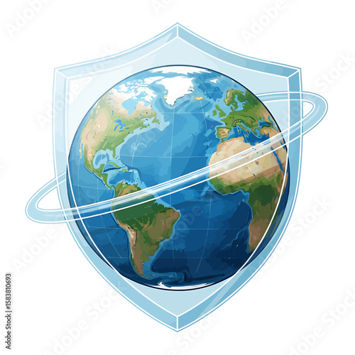 Earth globe with continents and oceans is protected by a shield, with rings orbiting the planet.