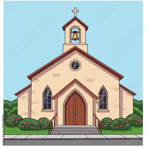 Village church with bell tower in cartoon vector style, bright colors, flower bushes and clear sky background