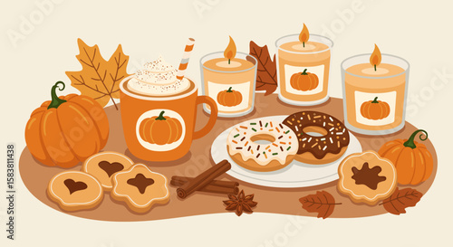 Flat illustration of pumpkin spice products, bright autumn colors, coffee, donuts, candles, and cookies, cozy fall arrangement with cheerful vibe