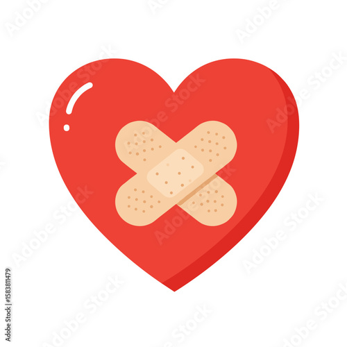 Flat vector of a red heart with a beige bandaid across the center, clean lines, minimal style, white background, concept of emotional healing