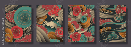 Traditional Japanese Tattoo Poster Set – Vintage Wave and Cloud Flash Vector Art background