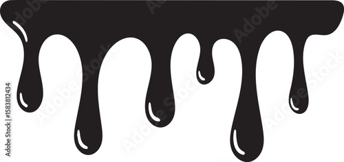 Black liquid dripping down in smooth rounded shapes creating a decorative border isolated on transparent background