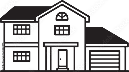 Simple black and white line art illustration of a two story house with a garage isolated on transparent background