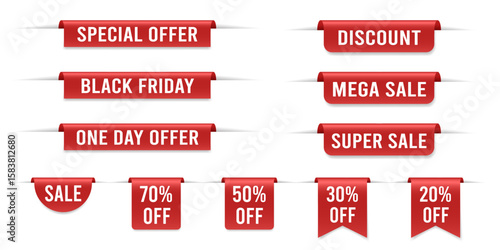 Set of red bookmarks with sale announcement. Super sale, mega sale. One day offer. Discount voucher. Black friday special offer label.