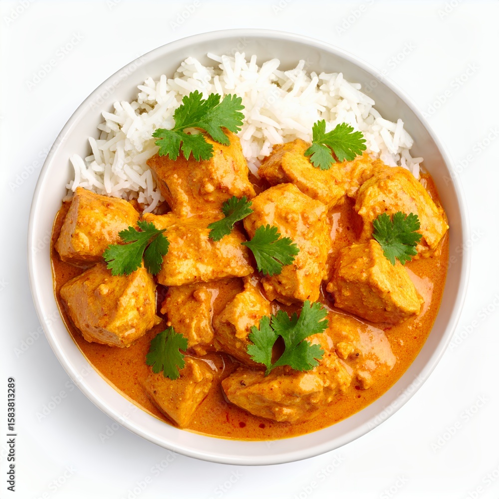 Delectable butter chicken served over fluffy rice, garnished with cilantro on white background Delectable butter chicken served over fluffy rice, garnished with cilantro on white background