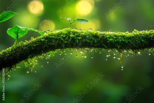 Dewdrops cling to a mossy branch in a lush forest after a refreshing rain shower