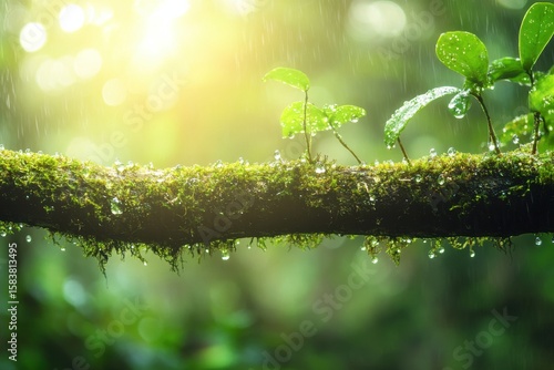 Lush green moss covered branch glistening with raindrops in a vibrant forest during daylight