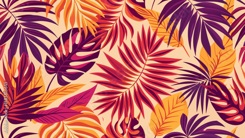 Vibrant Tropical Leaf Pattern: Warm Hues, Bold Design, Summery Mood, Seamless Repeat.