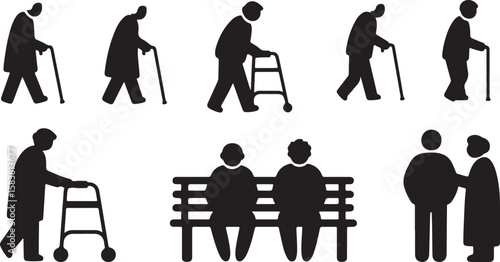 Collection of stylized black silhouettes representing elderly people with canes and walkers isolated on transparent background