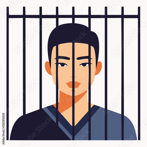 Man looks forward from behind bars in simple illustration
