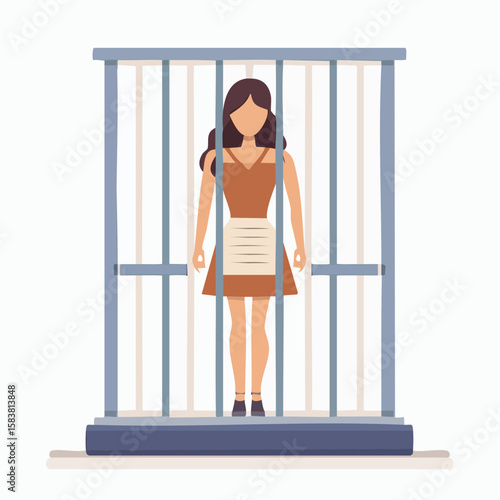 Woman silhouette stands behind confining metallic bars in Prison