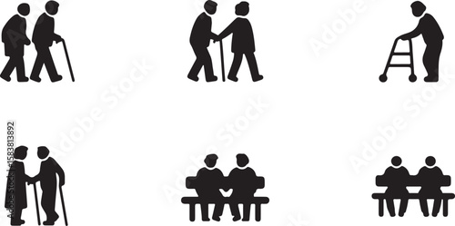 Collection of elderly people icons showing walking with canes and walkers and sitting on a bench isolated on transparent background