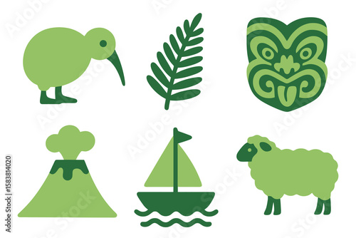 New Zealand icons in light and dark green shades: kiwi, fern, haka mask, volcano, sailboat, sheep. Flat cartoon style on transparent.