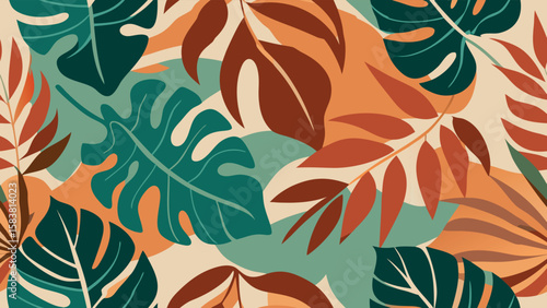 Abstract Tropical Leaf Pattern:  Warm, Earthy Tones, Modern Style, Seamless Design,  Elegant Botanical Illustration.