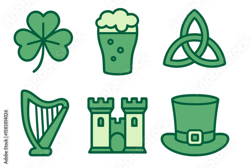 Irish icons in light and dark green shades: shamrock, beer pint, Celtic knot, harp, castle, leprechaun hat. Flat cartoon style on transparent.