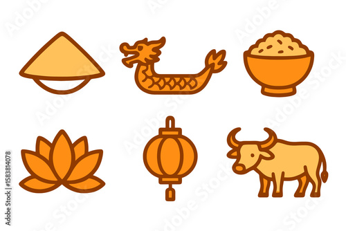 Vietnamese icons in light and dark orange shades: conical hat, dragon boat, rice bowl, lotus, lantern, water buffalo. Flat cartoon style on transparent.