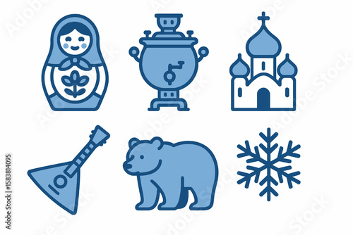 Russian icons in light and dark blue shades: matryoshka, samovar, church, balalaika, bear, snowflake. Flat cartoon style on transparent.