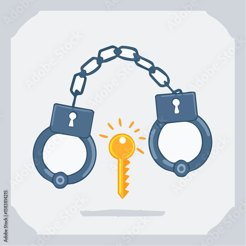 Gleaming key breaks chains of handcuffs, offering security and freedom
