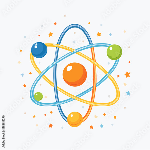 Colorful atom model displays planets orbiting nucleus, science concept