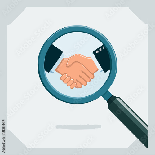 Agreement verification handshake presented under magnifying glass lens