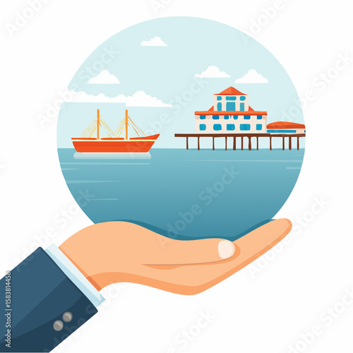 Port scene shown arriving at a dock held in an open Palm Hand