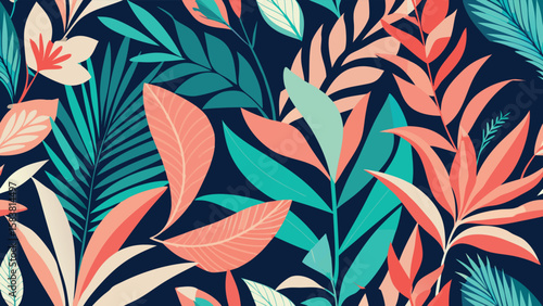 Stylish coral and teal tropical leaf seamless pattern; vibrant, summery design.