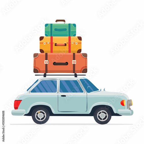 Classic car ready for travel with luggage stacked on top for vacation