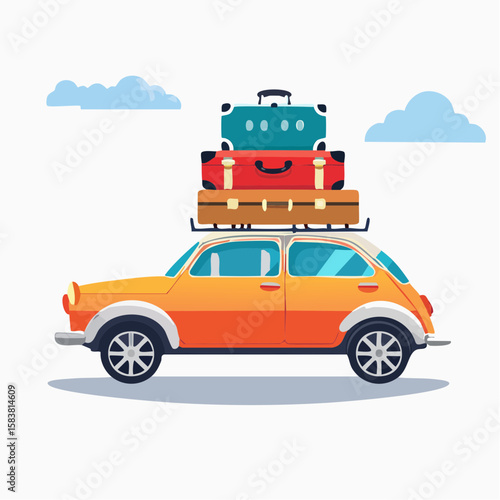 Classic automobile carries suitcases on the roof, ready for a vacation Trip