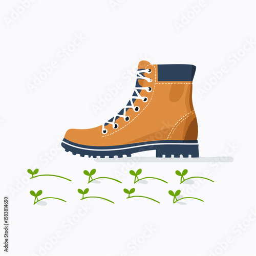 One brown Hiking Boot Leaving Trail of Small Green Sprouts Behind