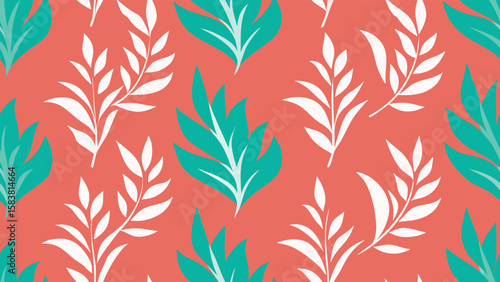 Seamless coral background featuring stylized teal and white foliage; vibrant, summery, tropical design.