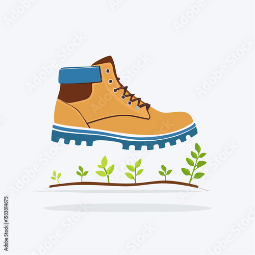 Hiking boot leaving behind trail of small, green sprouts on the ground