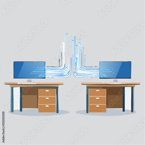 Two desks connected by data stream bridge, computers on each desk