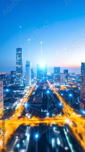 A futuristic city with a network of glowing lines and nodes connects tall buildings under a blue twilight sky