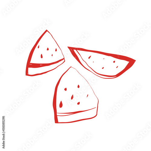 Minimal watermelon slice set in red hand drawn style on white background with three simple fruit pieces