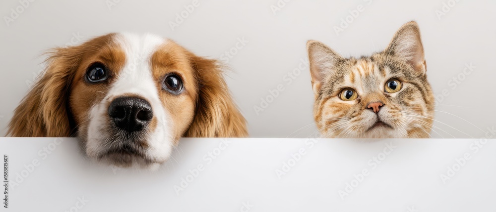 Obraz premium The Charming Dog and Cat Peeking Over a Blank Surface Together