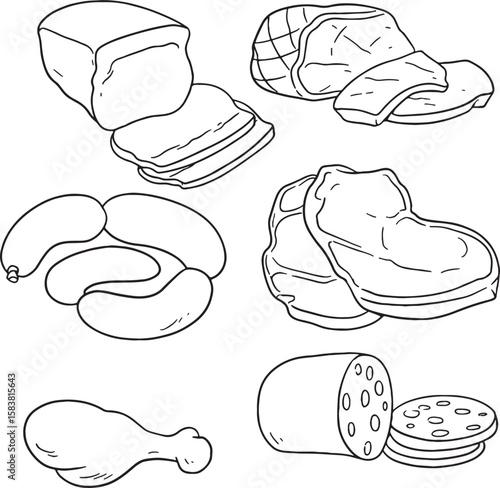 A hand-drawn vector set of various deli meats including sausages, ham, sliced bologna, roast beef, and a piece of cured meat. Ideal for illustrating butcher shops, charcuterie boards, food packaging.