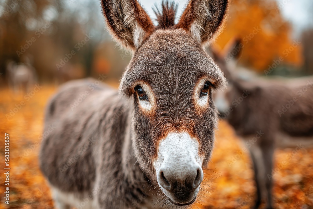 Young brown donkey with large expressive eyes stands among vibrant autumn leaves in a serene countryside setting, capturing the spirit of rural life and nature Young brown donkey with large expressive eyes stands among vibrant autumn leaves in a serene countryside setting, capturing the spirit of rural life and nature