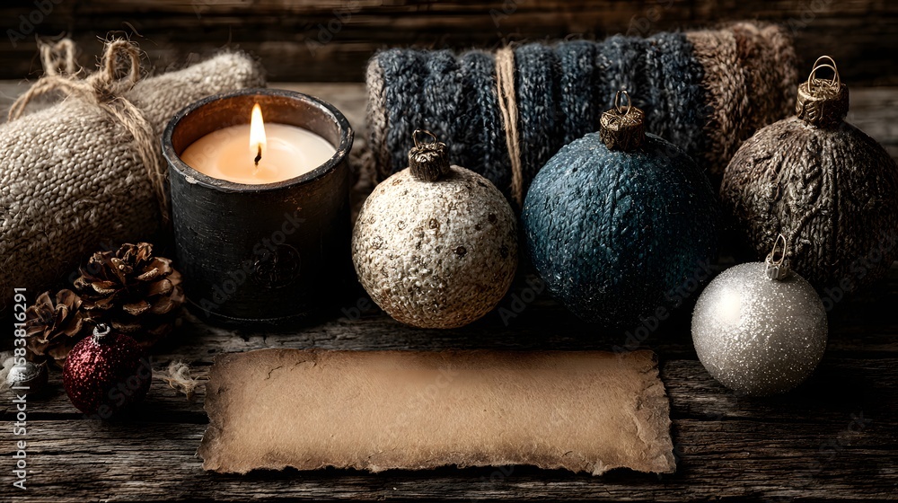 Fototapeta premium Cozy Rustic Winter Decor With Pinecones Candle and Ornaments