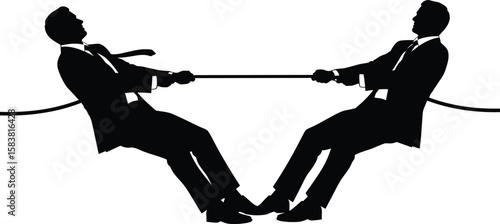 Businessmen in tug of war, corporate competition, silhouette concept, teamwork conflict, leadership struggle, business rivalry, office challenge, vector illustration