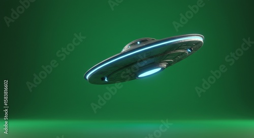 Futuristic Flying Saucer Ufo with Blue Light Hovering Over Green Background