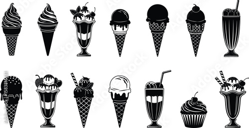 Collection of black silhouette ice cream icons, cones, sundaes, milkshakes, desserts, isolated on white, vector sweet food set