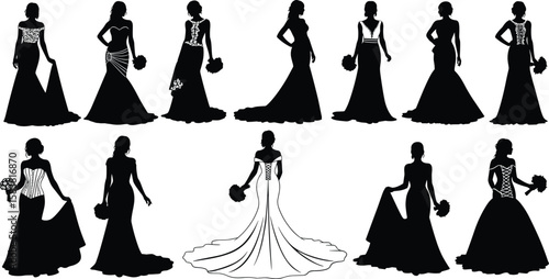 Elegant bridal gown silhouette collection, wedding dress vector set, fashionable bride poses with bouquet, black and white wedding fashion