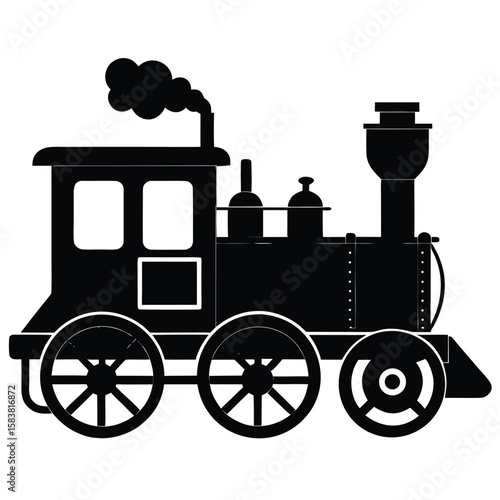 Black Silhouette of a Classic Steam Train with Smoke on a White Backdrop