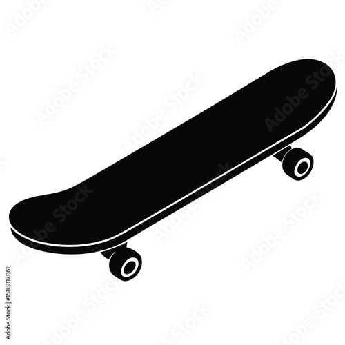 Isometric Black Skateboard Icon Illustration Featuring Wheels, Deck, and Clean Design
