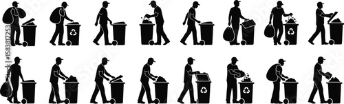 Garbage collection worker silhouettes, people throwing trash in bins, black recycling icons, waste management illustration, sanitation worker activity vector set
