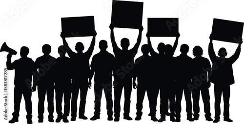 Group of protesters holding signs, silhouette of people in protest, crowd demonstration, rally with placards and megaphone, social activism illustration