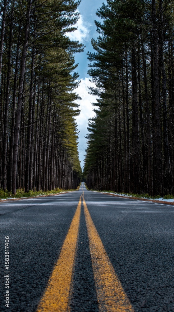 Fototapeta premium Forest road, yellow lines, straight ahead